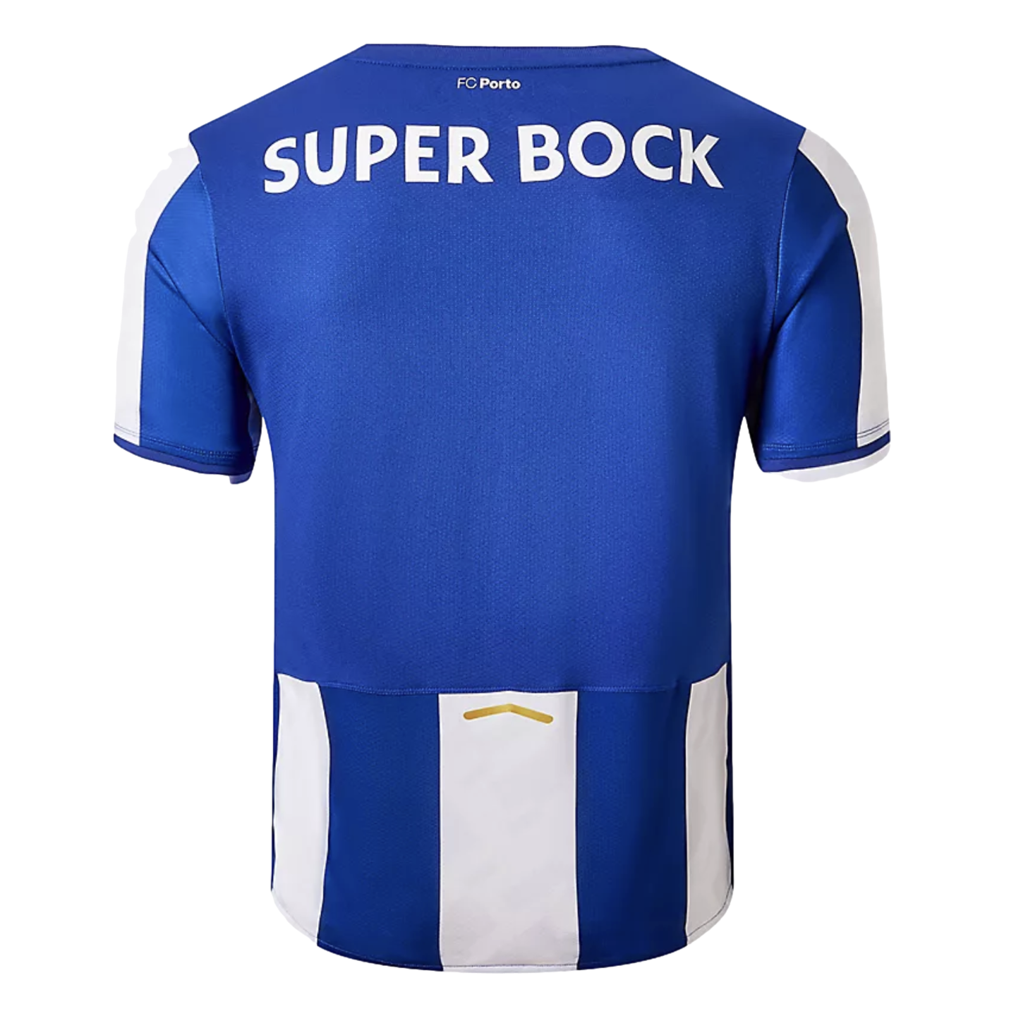 Back view of a blue FC Porto jersey with "SUPER BOCK" in white. The bottom has blue and white stripes, and "FC Porto" is printed at the neckline.