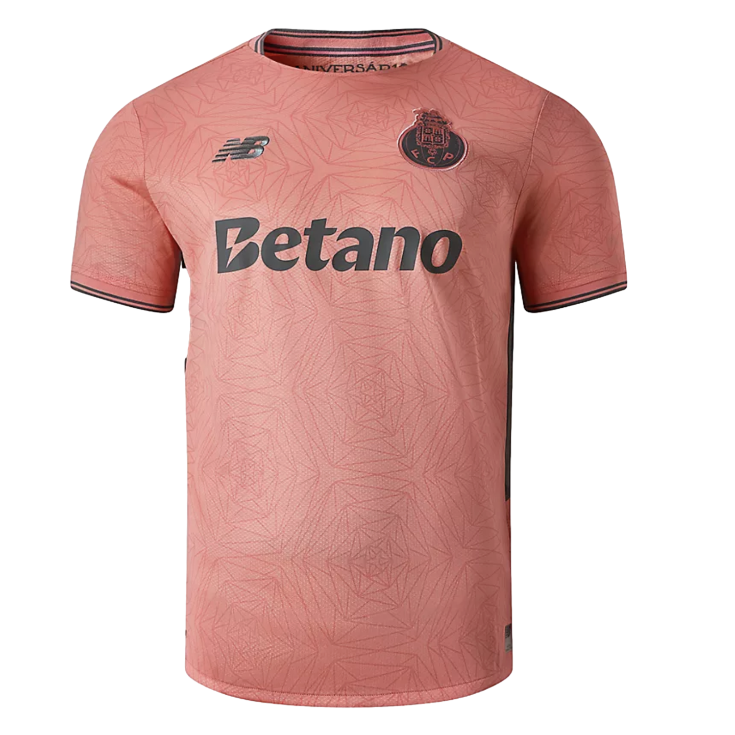 A salmon pink New Balance FC Porto soccer jersey featuring a subtle geometric pattern and black sponsor logo.