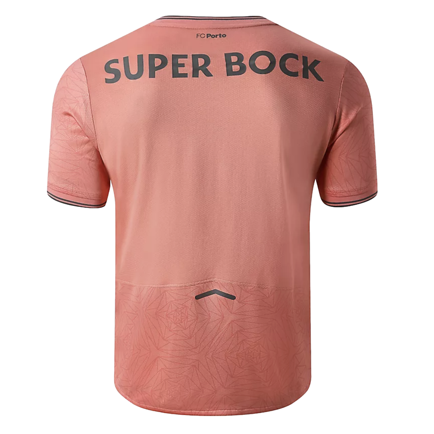 Back of a salmon-pink FC Porto jersey with black "SUPER BOCK" text across the shoulders. Geometric patterns accent the sleeves and lower hem.