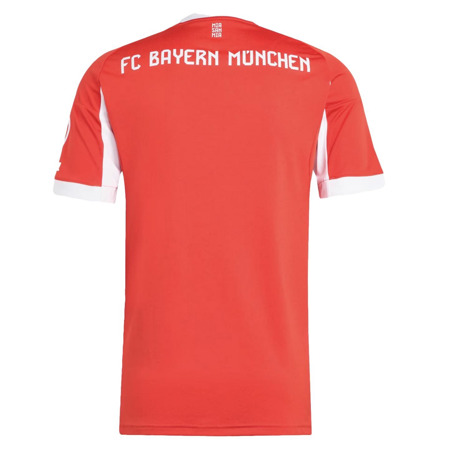 Back of a red FC Bayern München jersey with white "FC BAYERN MÜNCHEN" text and a small "MIA SAN MIA" logo at the neck. The sleeves feature white side panels and cuffs.