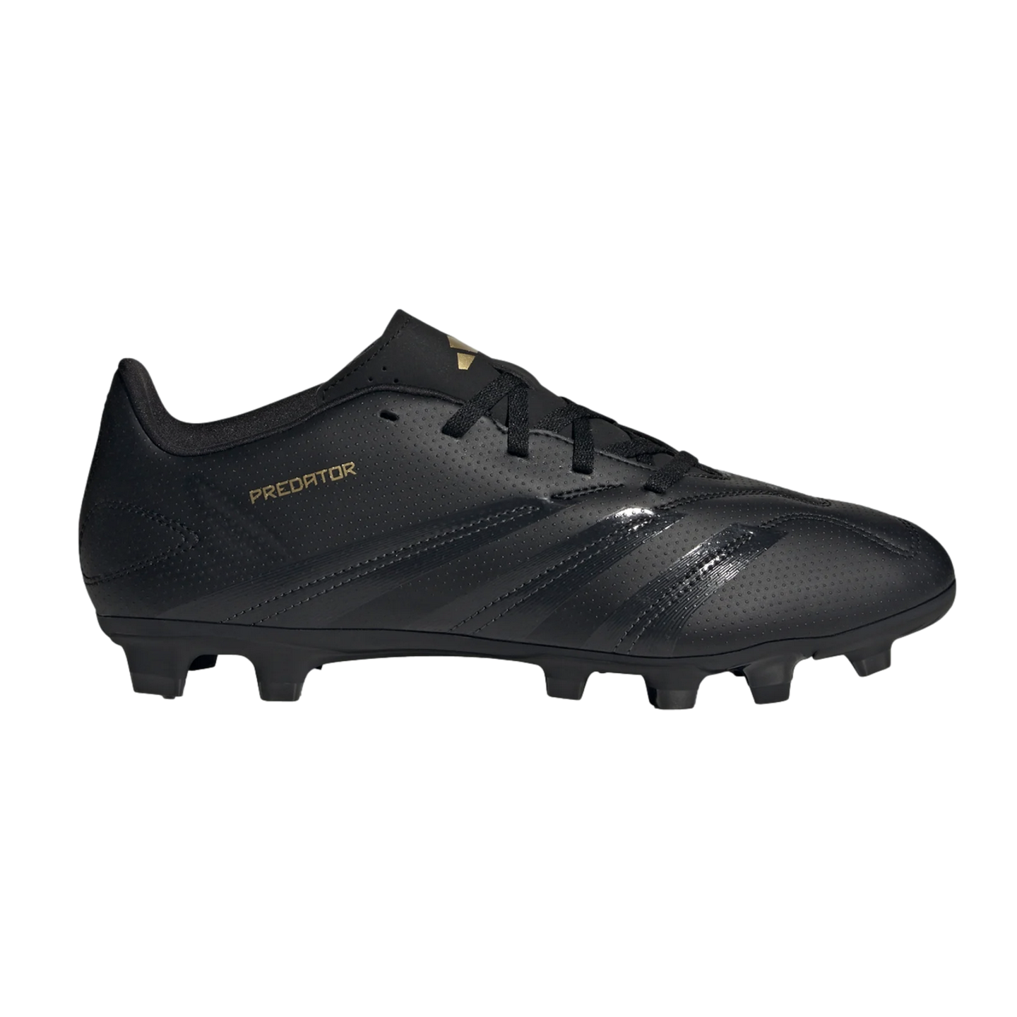 Side profile of a black Adidas Predator soccer cleat with gold accents and a textured upper.