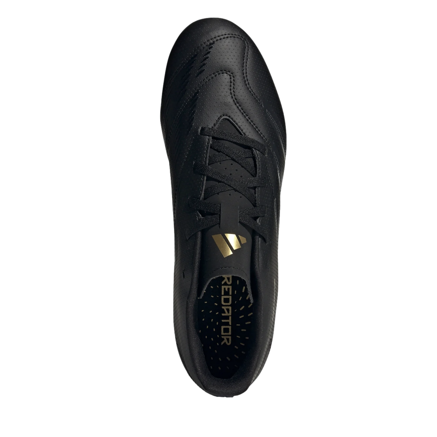 Top-down view of a black Adidas Predator soccer cleat with gold accents and branding, shown against a plain white background.