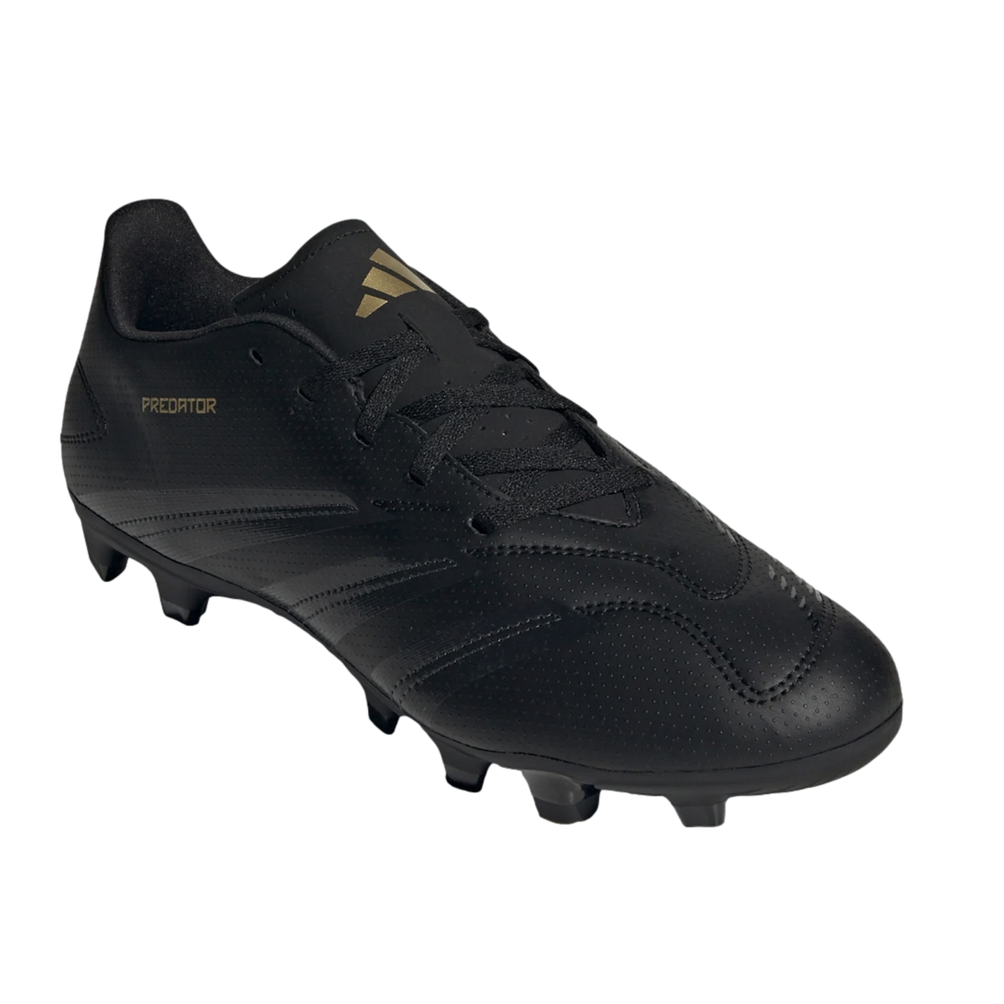 A black Adidas Predator soccer cleat with gold accents, black laces, and molded studs, shown against a plain white background.