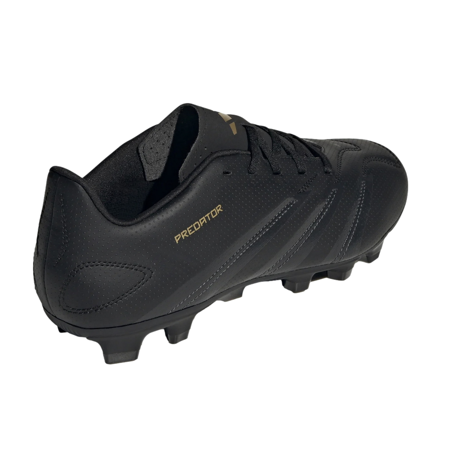 A rear three-quarter view of a black Adidas Predator soccer cleat with gold lettering, a textured upper, and black cleats on a white background.
