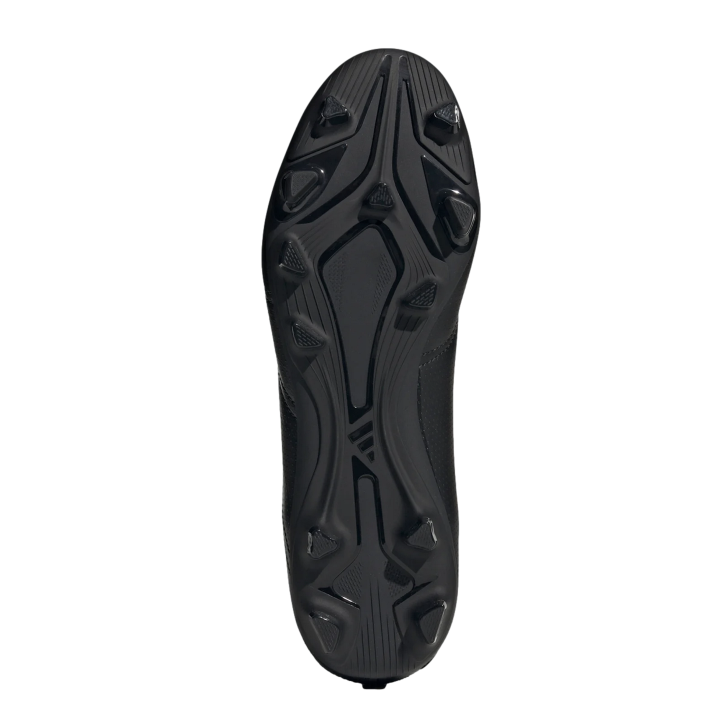 A bottom-up view of an all-black Adidas soccer cleat, showing the pattern of studs and textured outsole design.