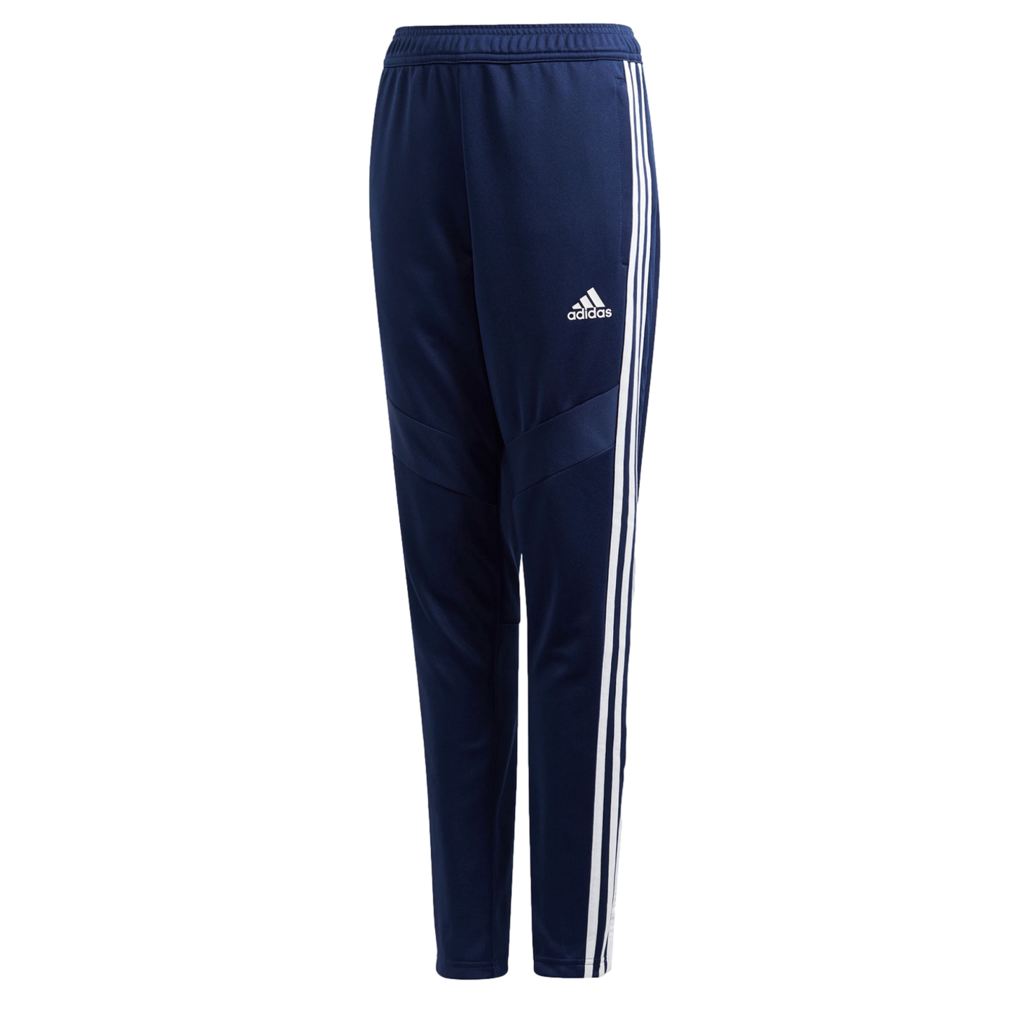 Navy blue Adidas youth track pants with three white side stripes and a white logo on the left thigh.