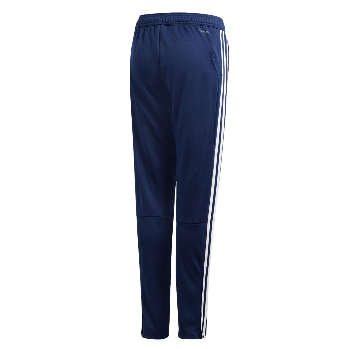 Rear three-quarter view of navy blue Adidas track pants with signature three white stripes on the side and ankle zippers.