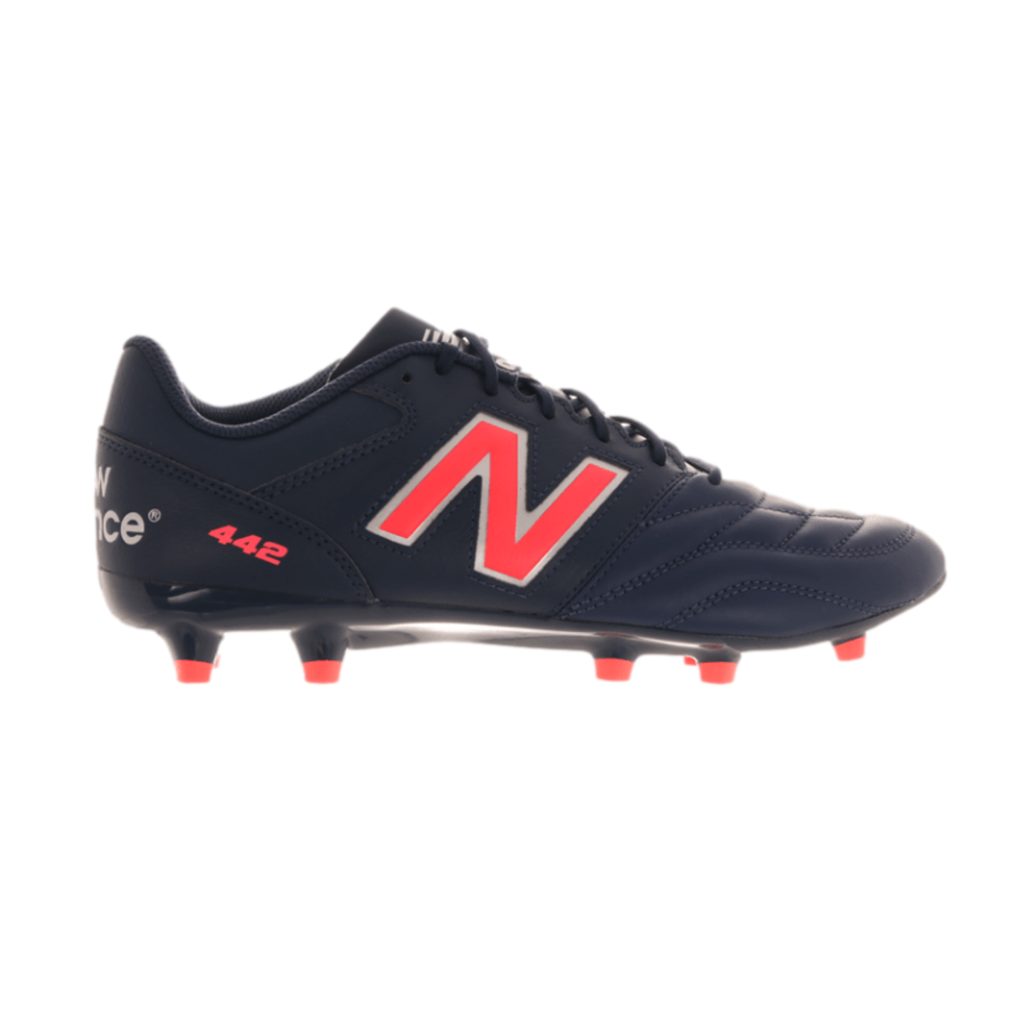 Side view of a navy blue New Balance 442 soccer cleat with bright red accents on the logo, heel, and studs.