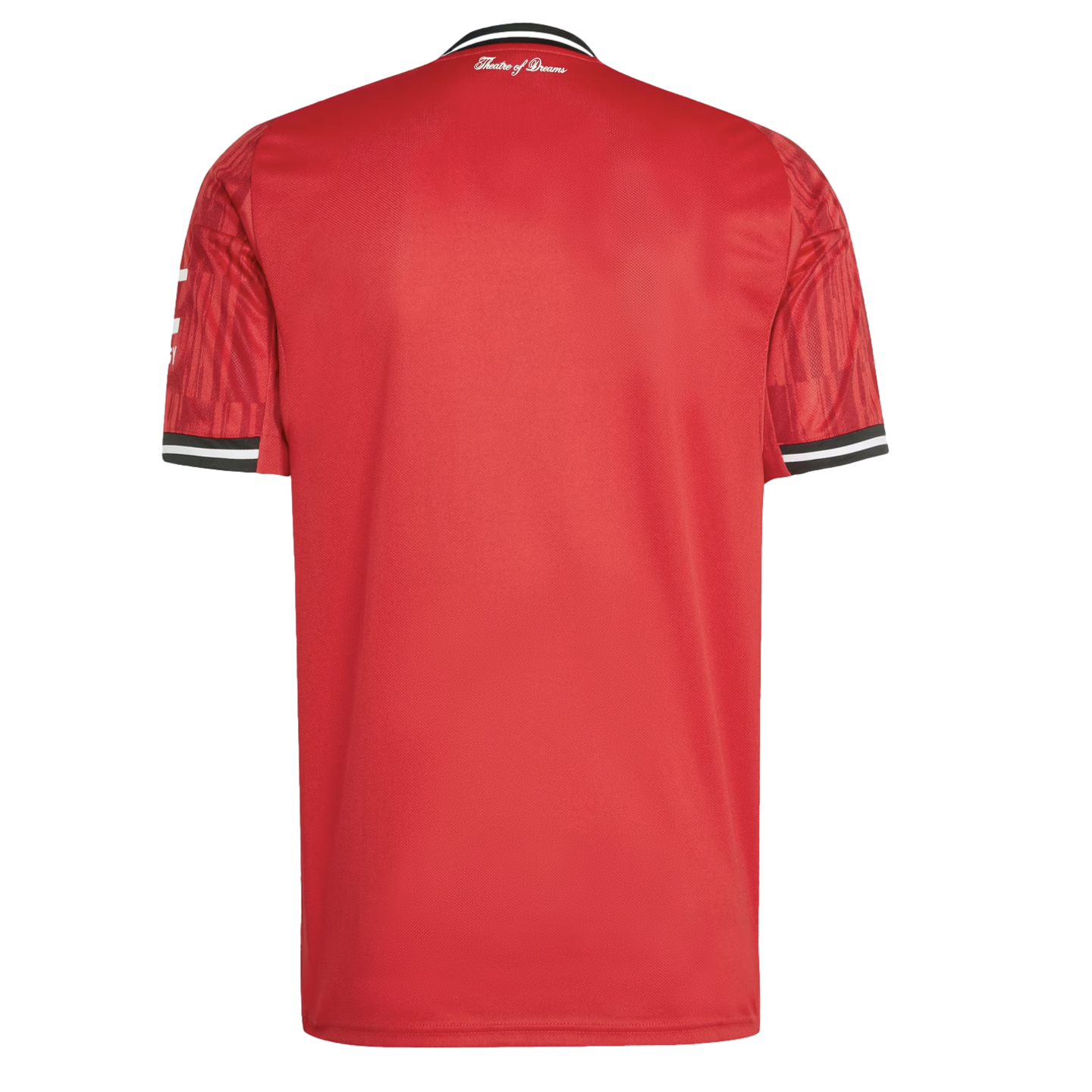Back of a red football jersey with black and white striped collar and cuffs. "Theatre of Dreams" is printed in white script on the upper back.