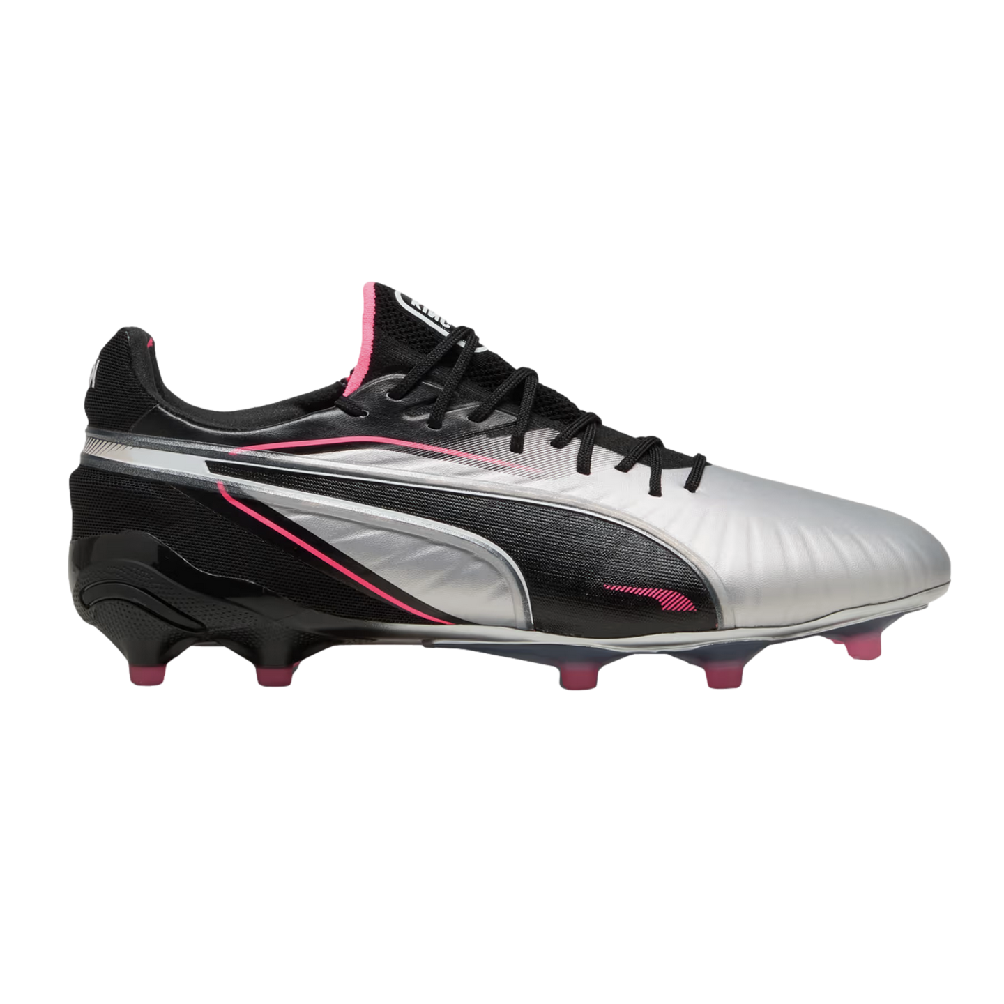 Side view of a silver and black Puma soccer cleat with pink accents, featuring a metallic finish and pink studs, isolated on a white background.