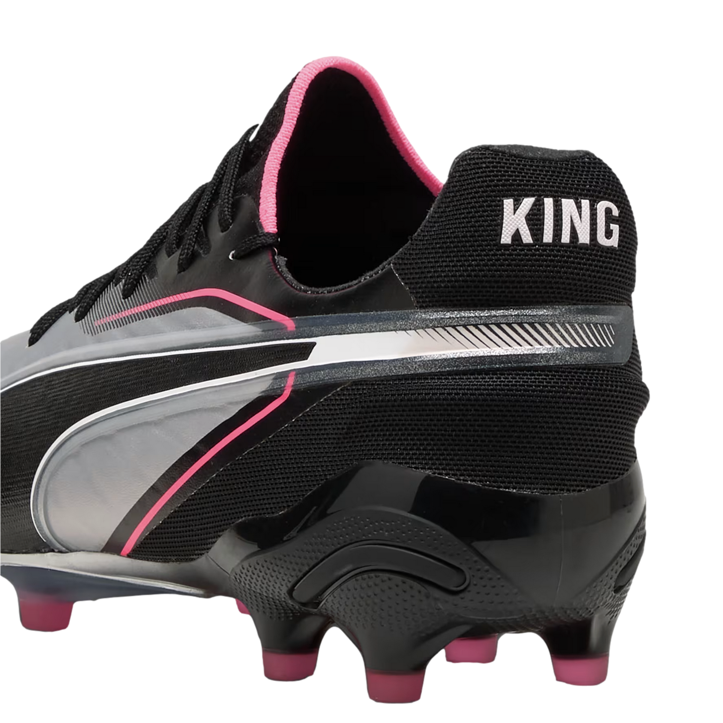 Rear side view of a black Puma King soccer cleat with silver and pink accents, featuring white "KING" text on the heel and pink-tipped studs.