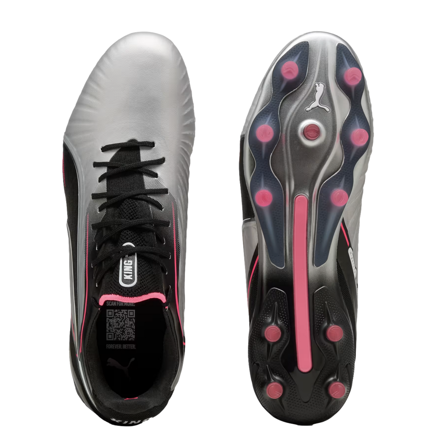 Top and bottom views of a silver and black Puma King soccer cleat with pink accents and conical studs on the soleplate.