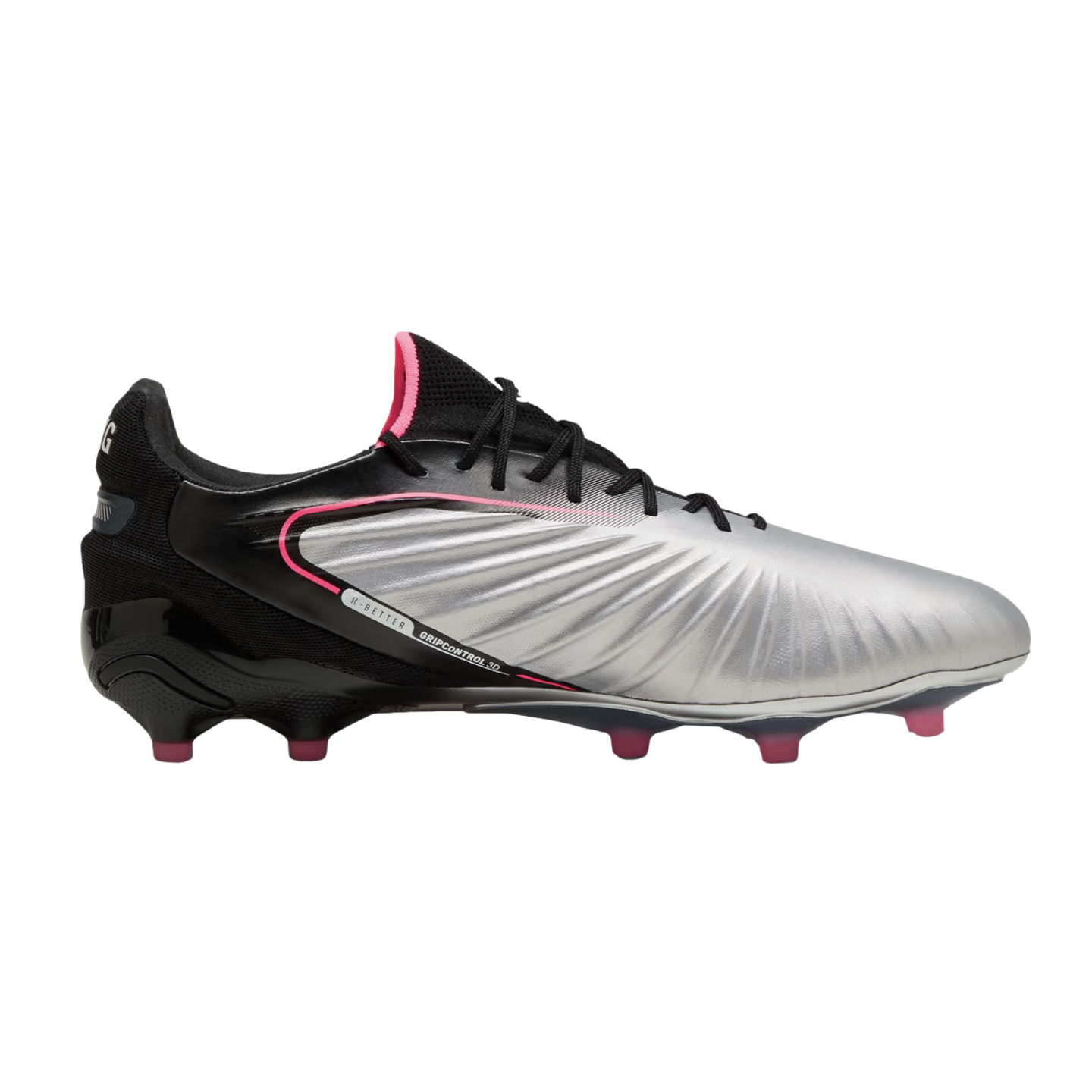 Profile view of a silver and black soccer cleat with pink accents. It features a metallic textured front, black laces, and pink studs, set against a white background.