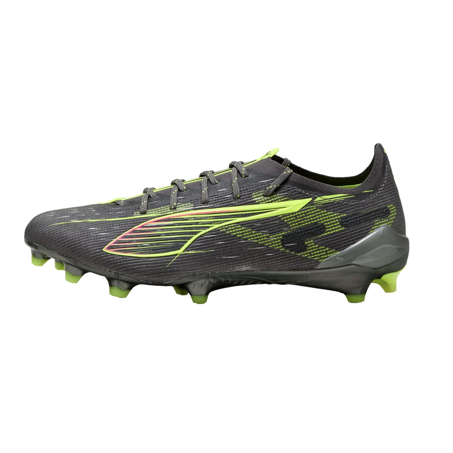Side profile of a dark gray PUMA soccer cleat with lime green and pink accents. It features a textured upper, lime green studs, and a stylized logo on the side.