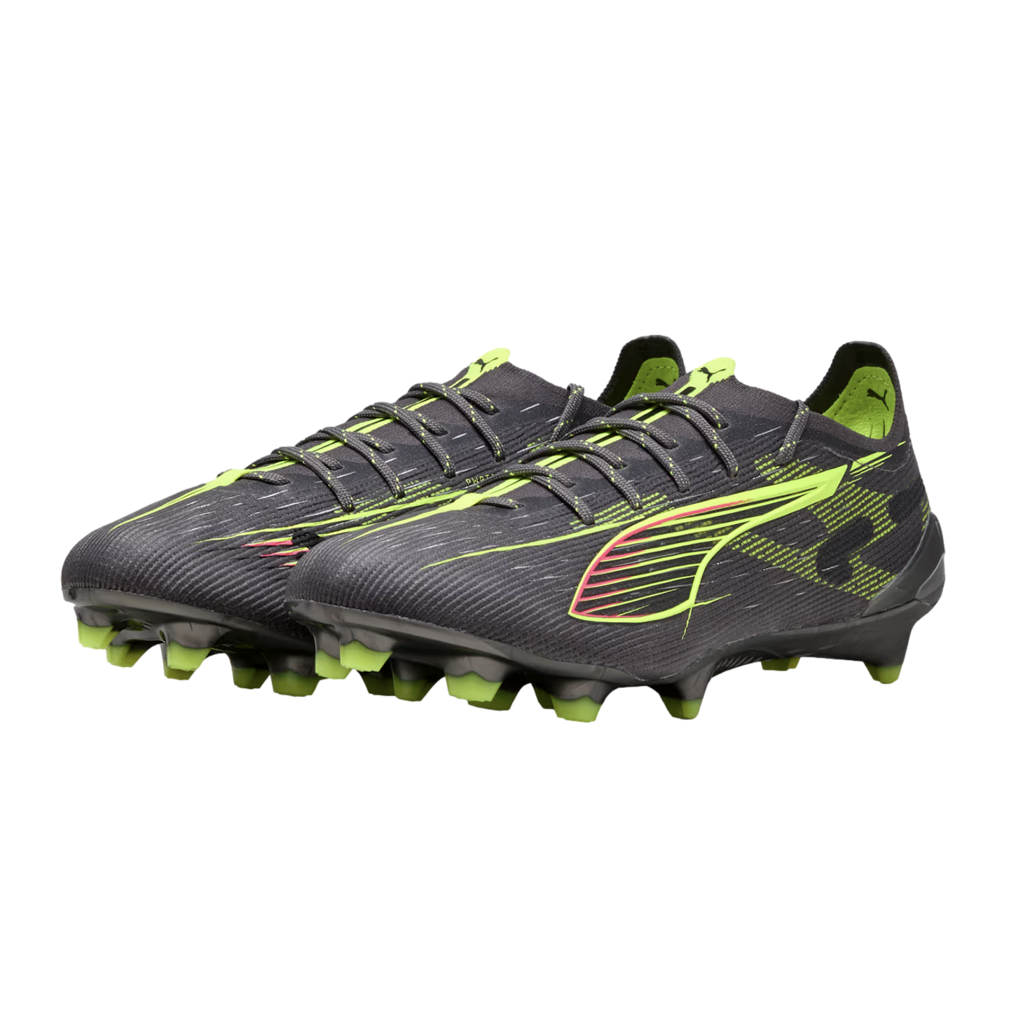 A pair of grey Puma soccer cleats with neon yellow and pink accents, featuring a textured upper and bright yellow studs, set against a plain white background.