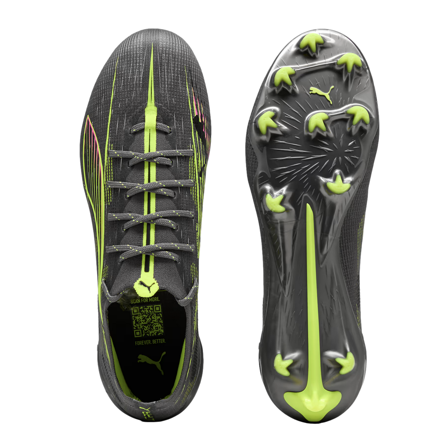 Top and soleplate views of dark grey Puma soccer cleats featuring vibrant lime green accents, laces, and studs.