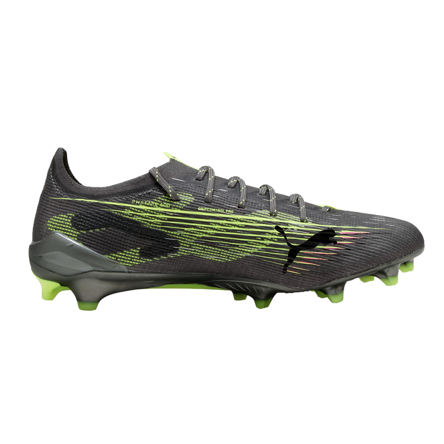 Profile view of a dark grey Puma soccer cleat with neon green graphics, a black logo, and matching green studs, set against a white background.