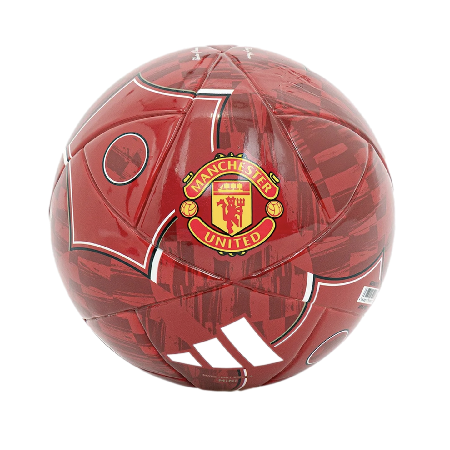 A red Adidas Manchester United soccer ball with a star-patterned design and the club crest on a white background.