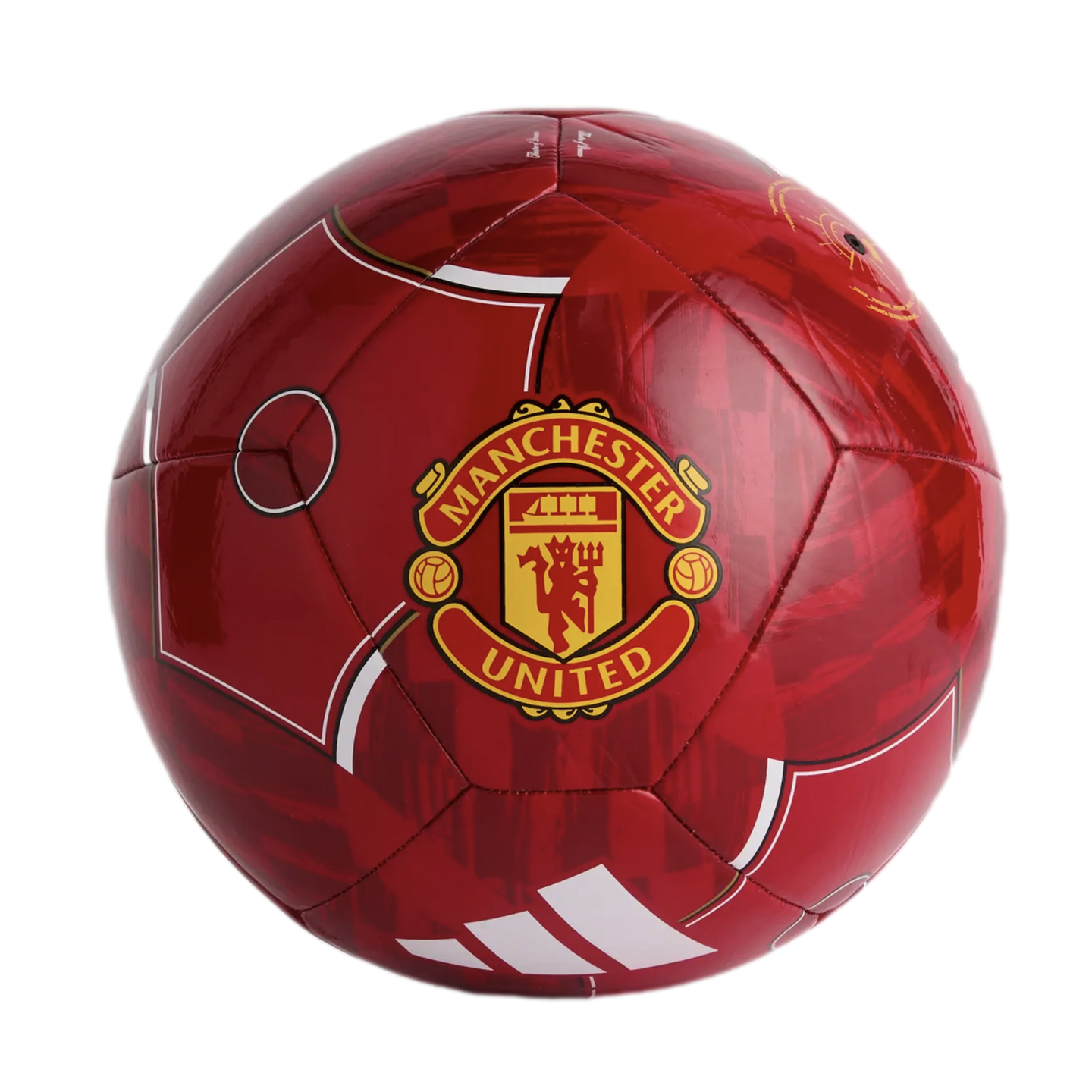 Red Manchester United soccer ball featuring the team crest centered and a white Adidas logo at the bottom.