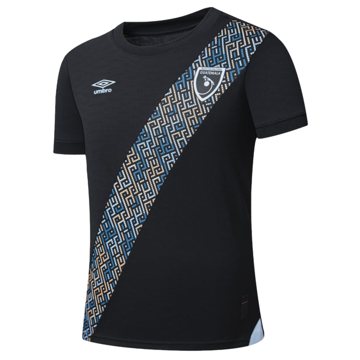 Black Umbro Guatemala national team soccer jersey featuring a blue and gold geometric patterned diagonal sash across the chest.