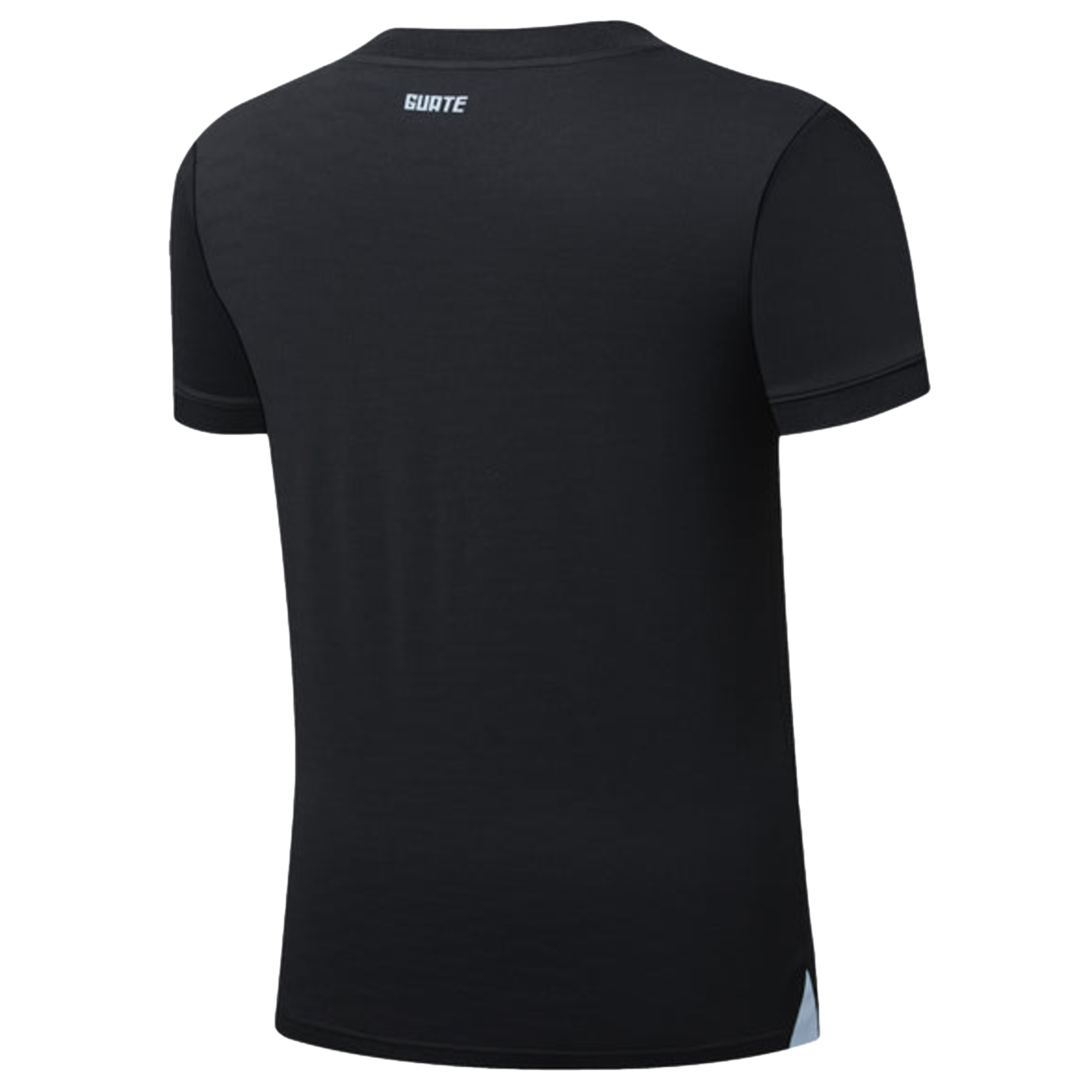 Back view of a black short-sleeved t-shirt with "GUATE" printed in white below the collar and a small light blue triangular accent at the bottom side seam.