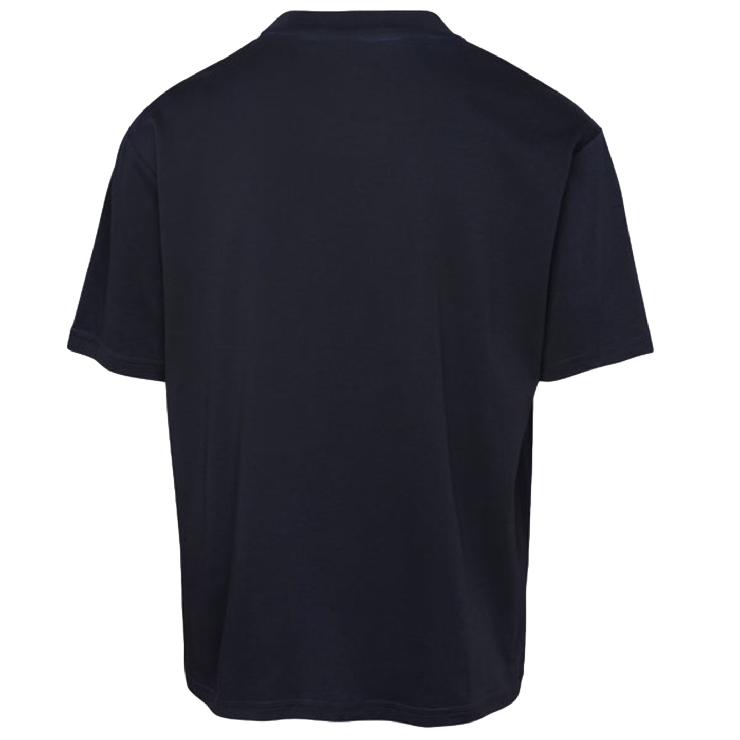 Rear view of a plain, dark navy blue oversized short-sleeve t-shirt.