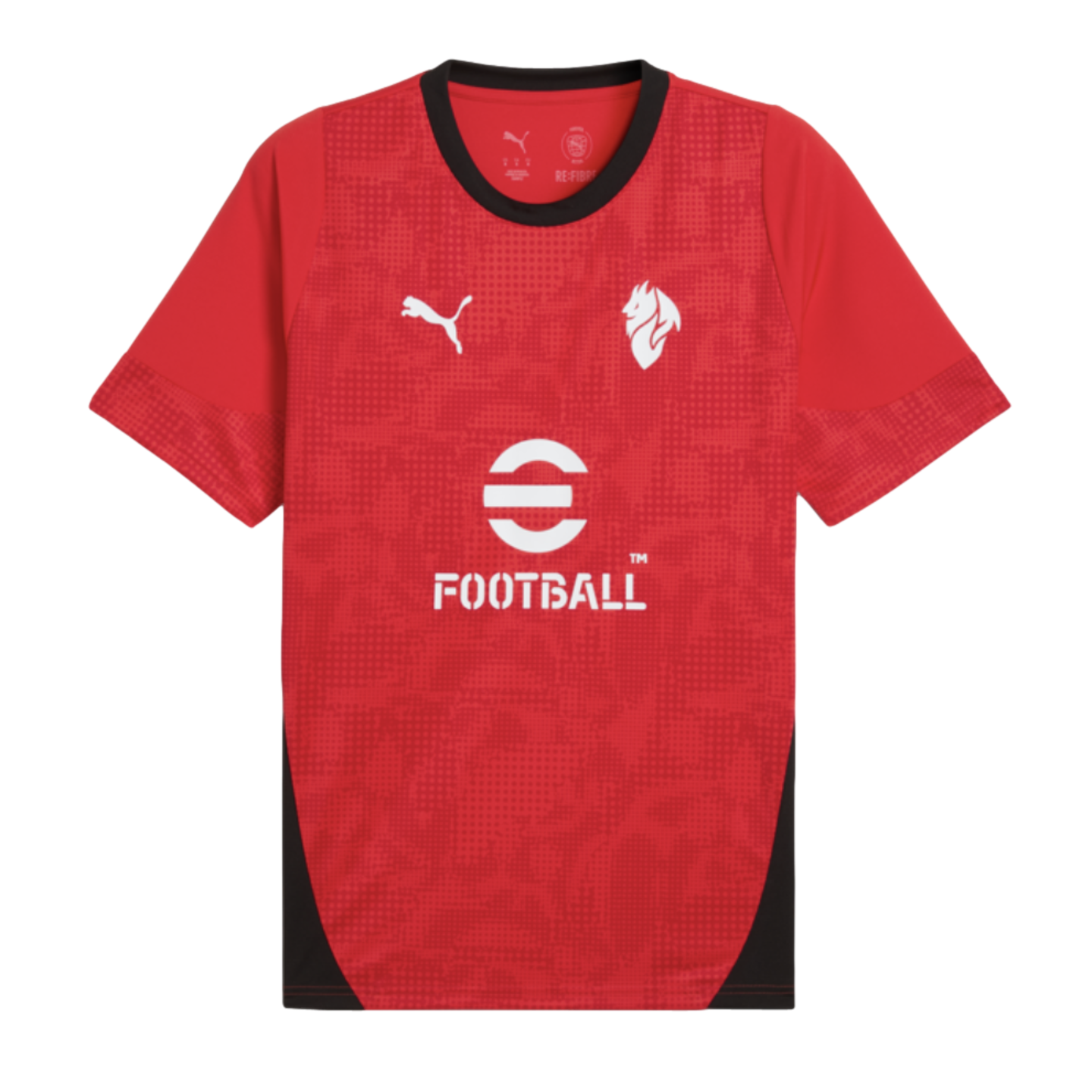 Red Puma soccer jersey with black collar and side panels. Features white Puma, lion head crest, and eFootball logos on the chest.