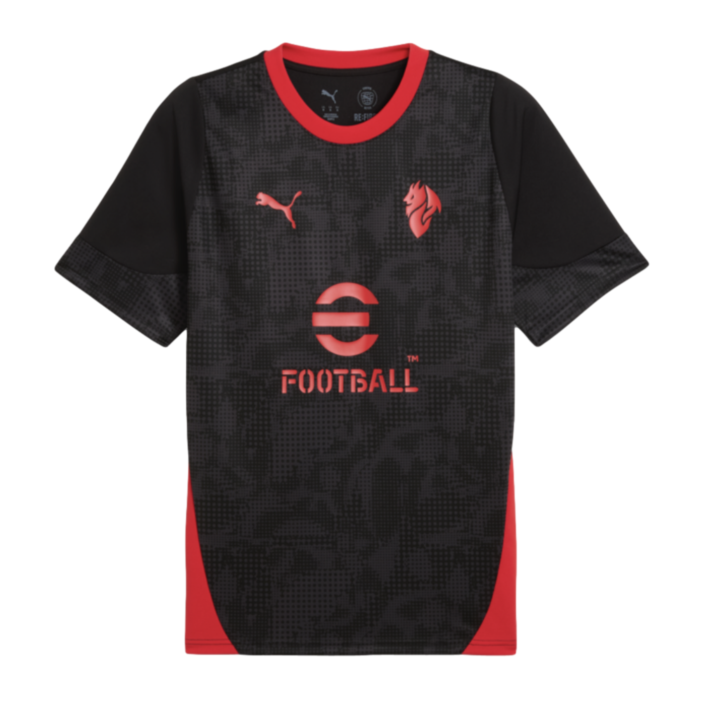 A black and red Puma sports jersey featuring a textured pattern, "eFootball" sponsor logo, red side panels, and a red collar.