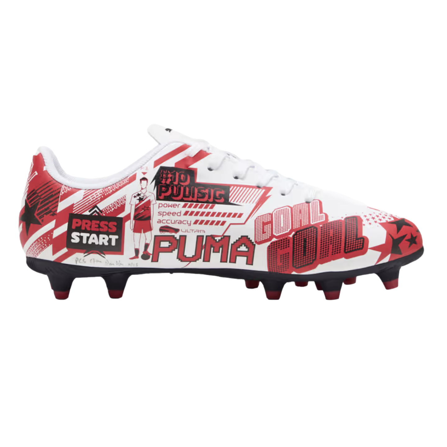 White and red Puma soccer cleat with arcade-style graphics including Christian Pulisic's name, stats, and "PRESS START" text.