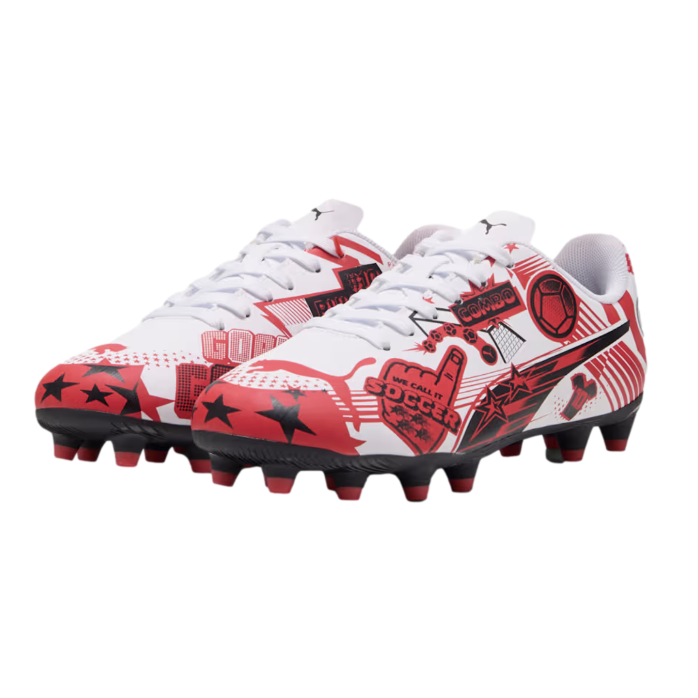 White Puma soccer cleats featuring red and black comic-style graphics, stars, and the text "WE CALL IT SOCCER."