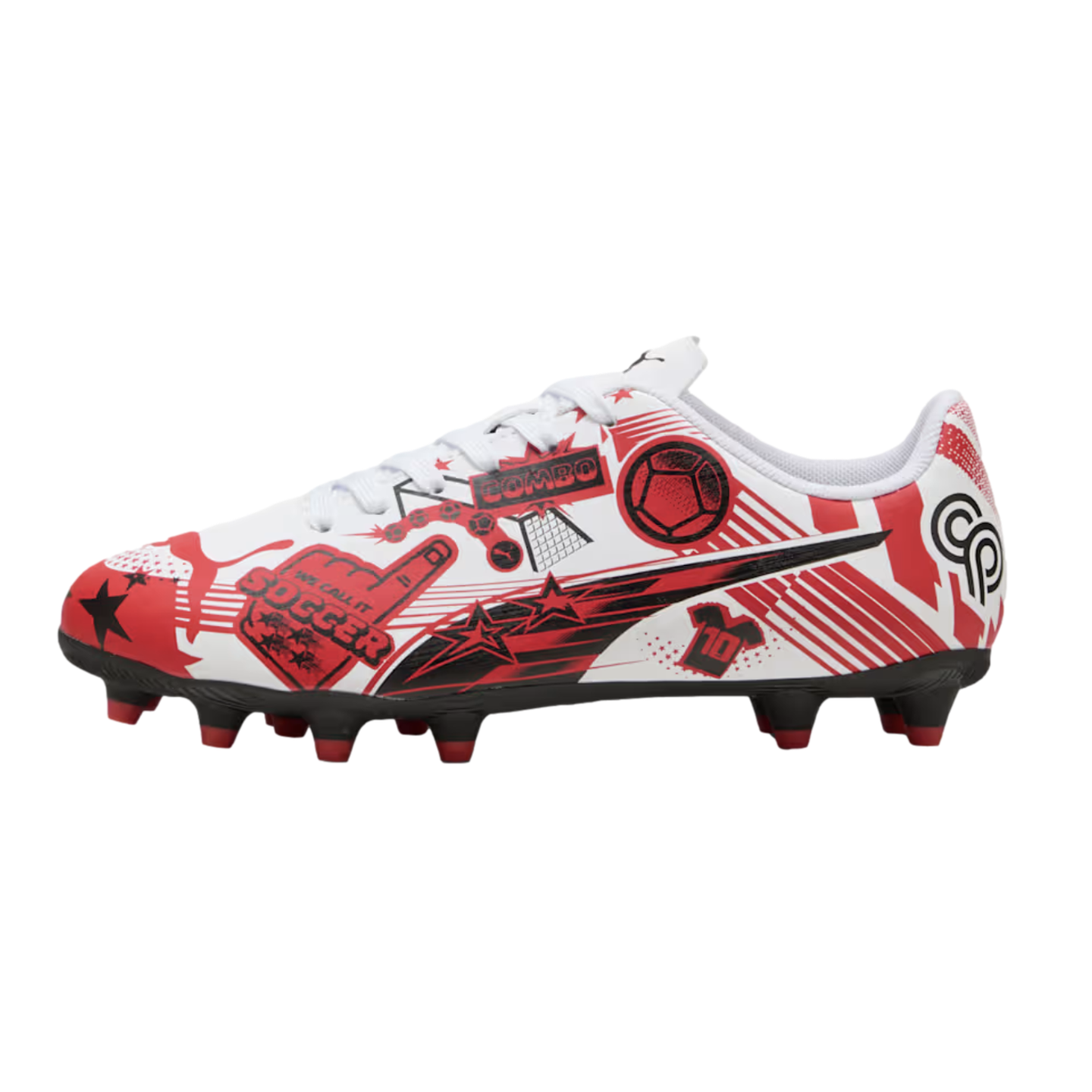 A Puma soccer cleat with red and black comic-style graphics, including a "SOCCER" foam finger and stars, on a white base against a black background.