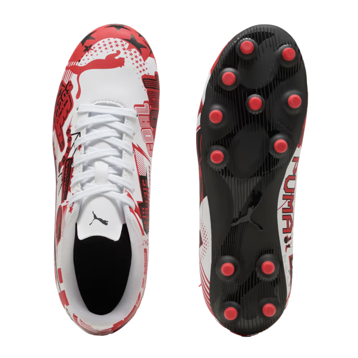 Top and bottom views of white Puma soccer cleats with red and black graphic designs, white laces, and black outsoles with red circular studs.
