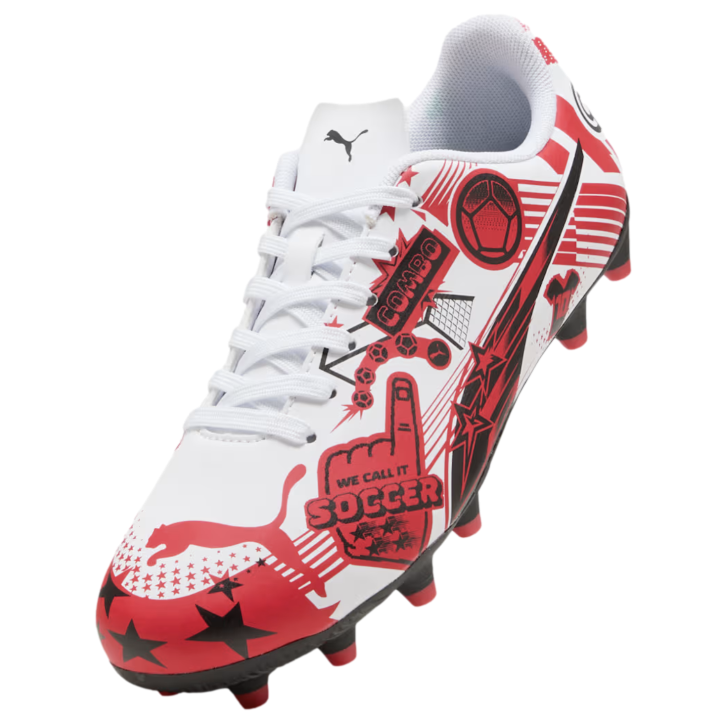 A Puma soccer cleat featuring a white base with bold red and black comic-style graphics, stars, and the phrase "WE CALL IT SOCCER".