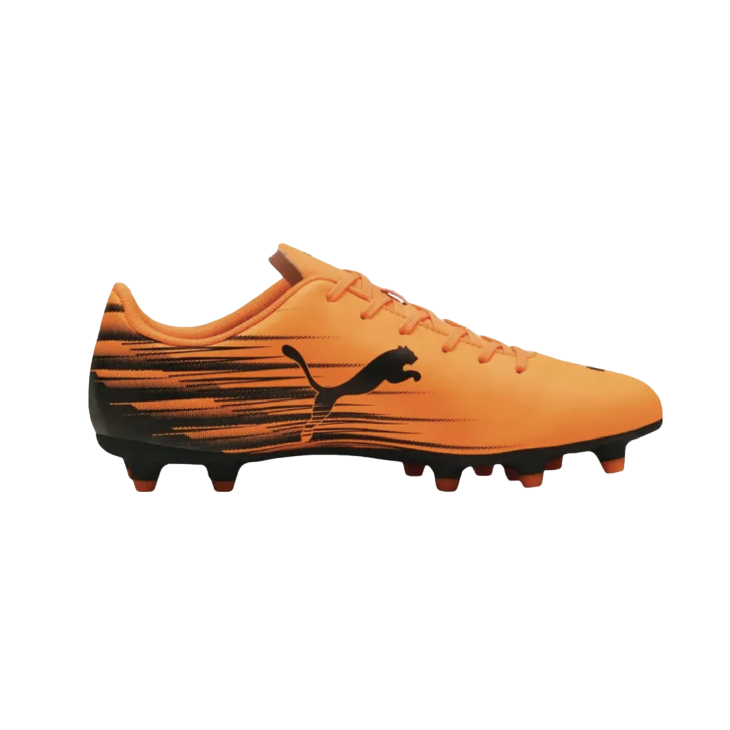 Side profile of an orange Puma soccer cleat with black horizontal speed graphics and a black Puma logo.