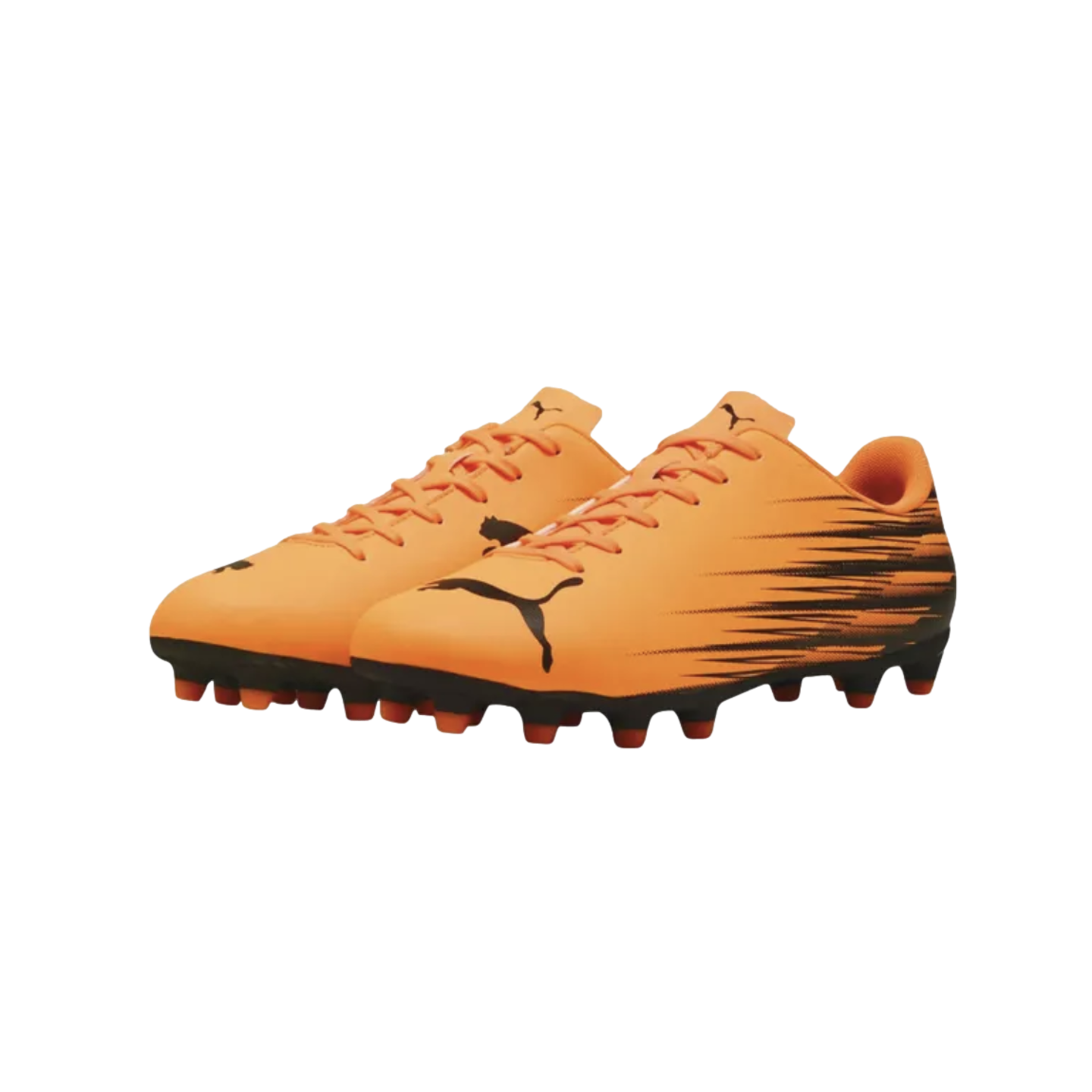 A pair of vibrant orange Puma soccer cleats with black logos and graphic side details, set against a black background.