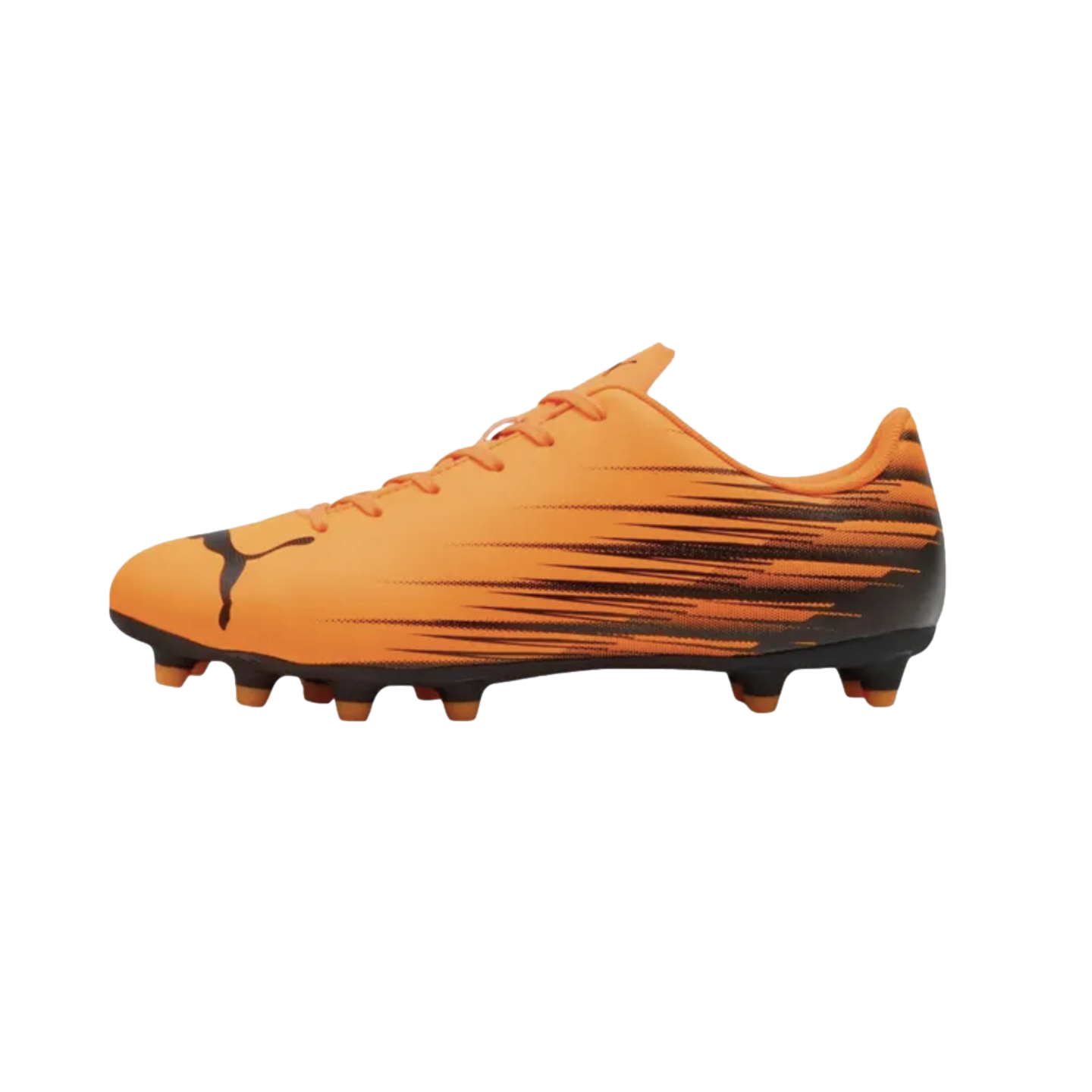 An orange Puma soccer cleat featuring black graphic streaks on the side, a black leaping cat logo on the toe, and black cleats with orange tips.
