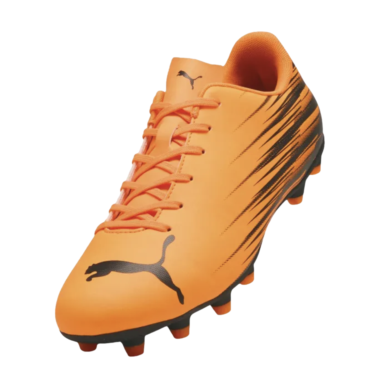 An orange Puma soccer cleat featuring a black cat logo on the toe and a black striped pattern on the side.