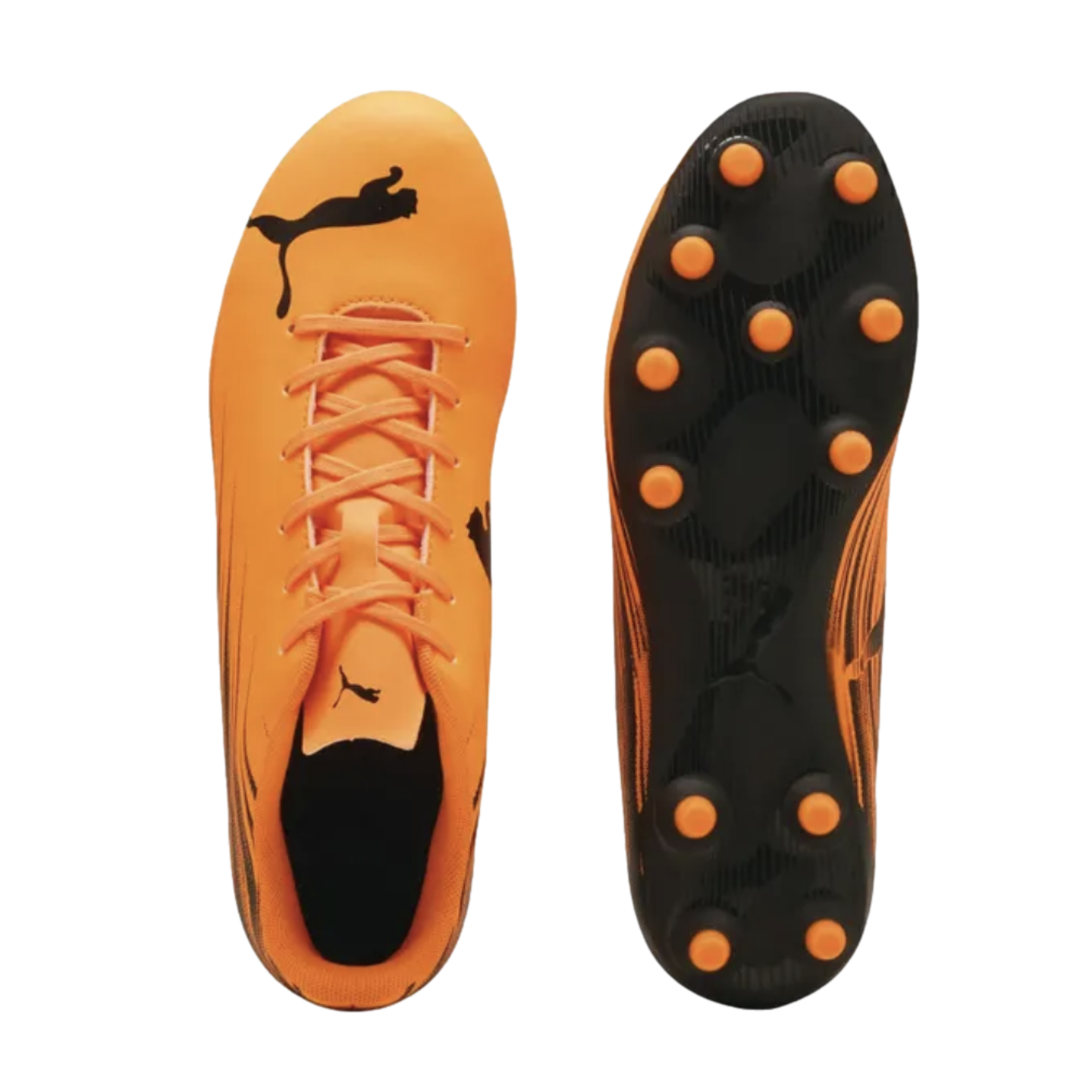Top and sole views of an orange Puma soccer cleat. The upper is orange with black logos; the sole is black with round orange studs.