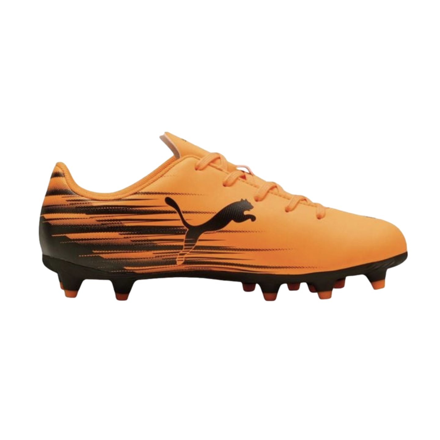 An orange Puma soccer cleat with black speed graphics and logo, featuring orange-tipped studs against a black background.