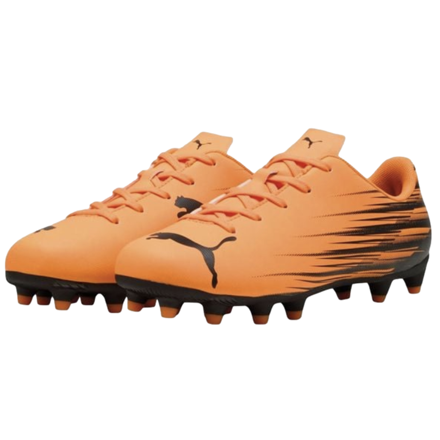 A pair of bright orange Puma soccer cleats with black leaping cat logos on the toes and black graphic stripes on the sides.