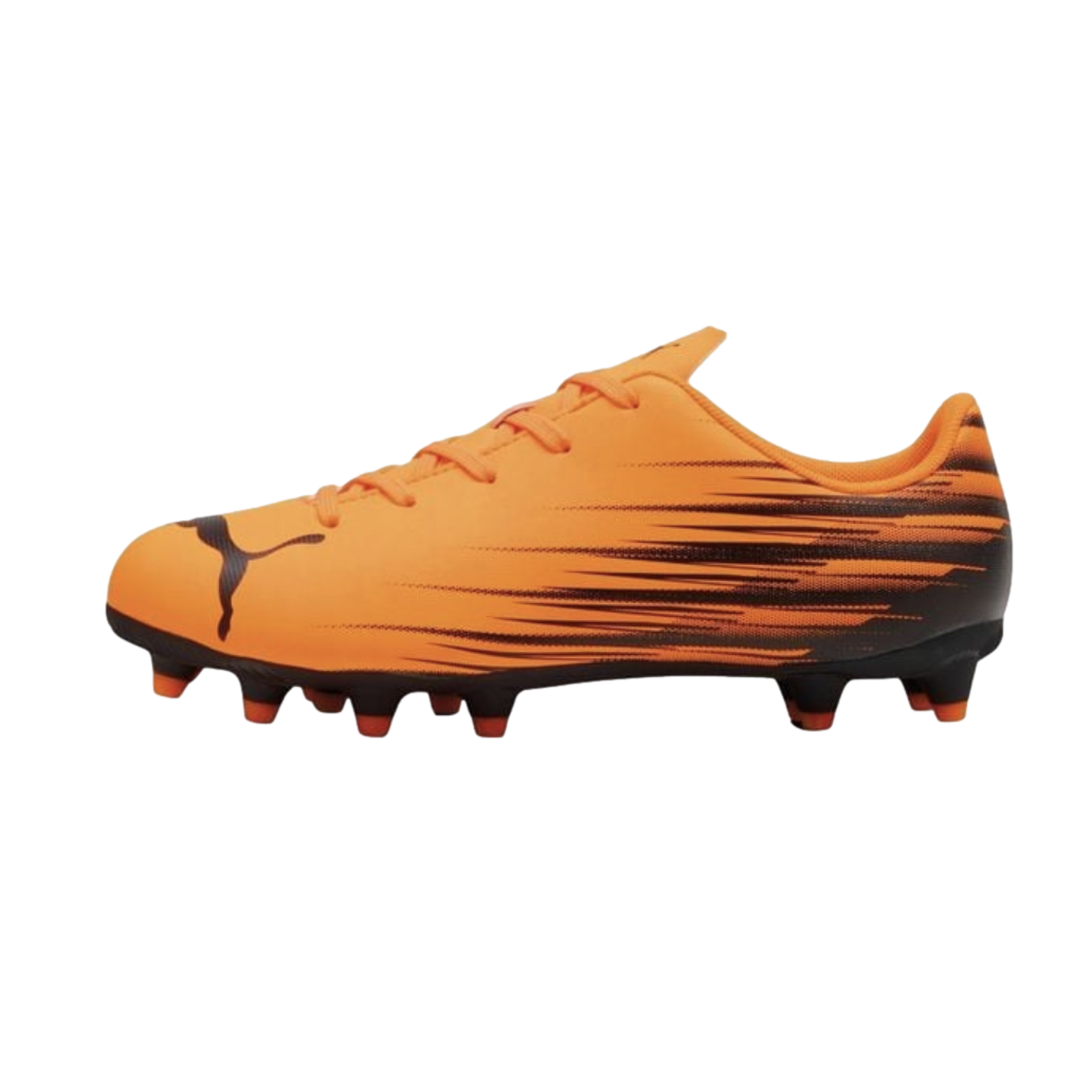 Side profile of a bright orange Puma soccer cleat with black streak graphics and orange studs, isolated on a black background.