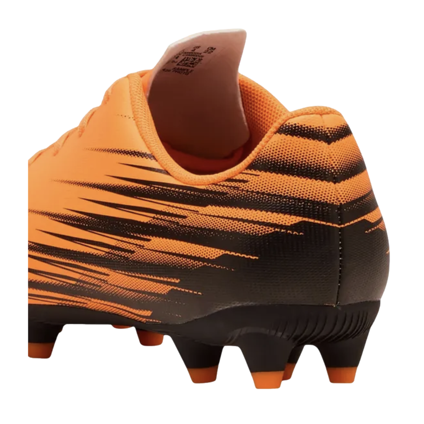 Rear view of an orange soccer cleat with black streaking graphics and orange-tipped studs.