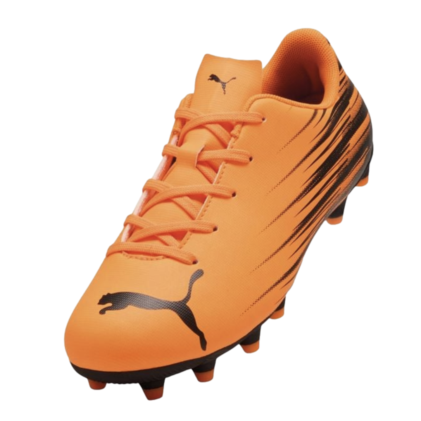 A single bright orange Puma soccer cleat with black accents, a brushstroke side pattern, and brand logos on the toe and tongue.