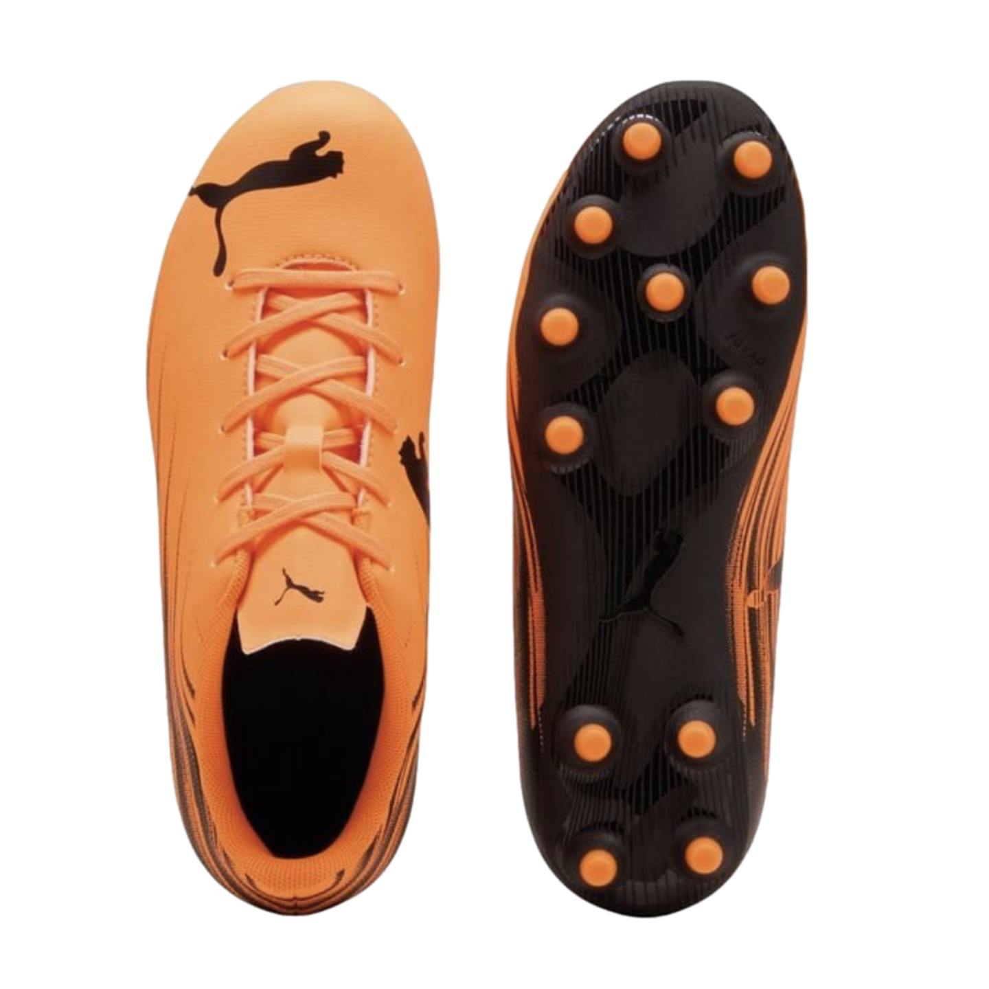Top and sole view of an orange Puma soccer cleat with black accents and orange circular studs.