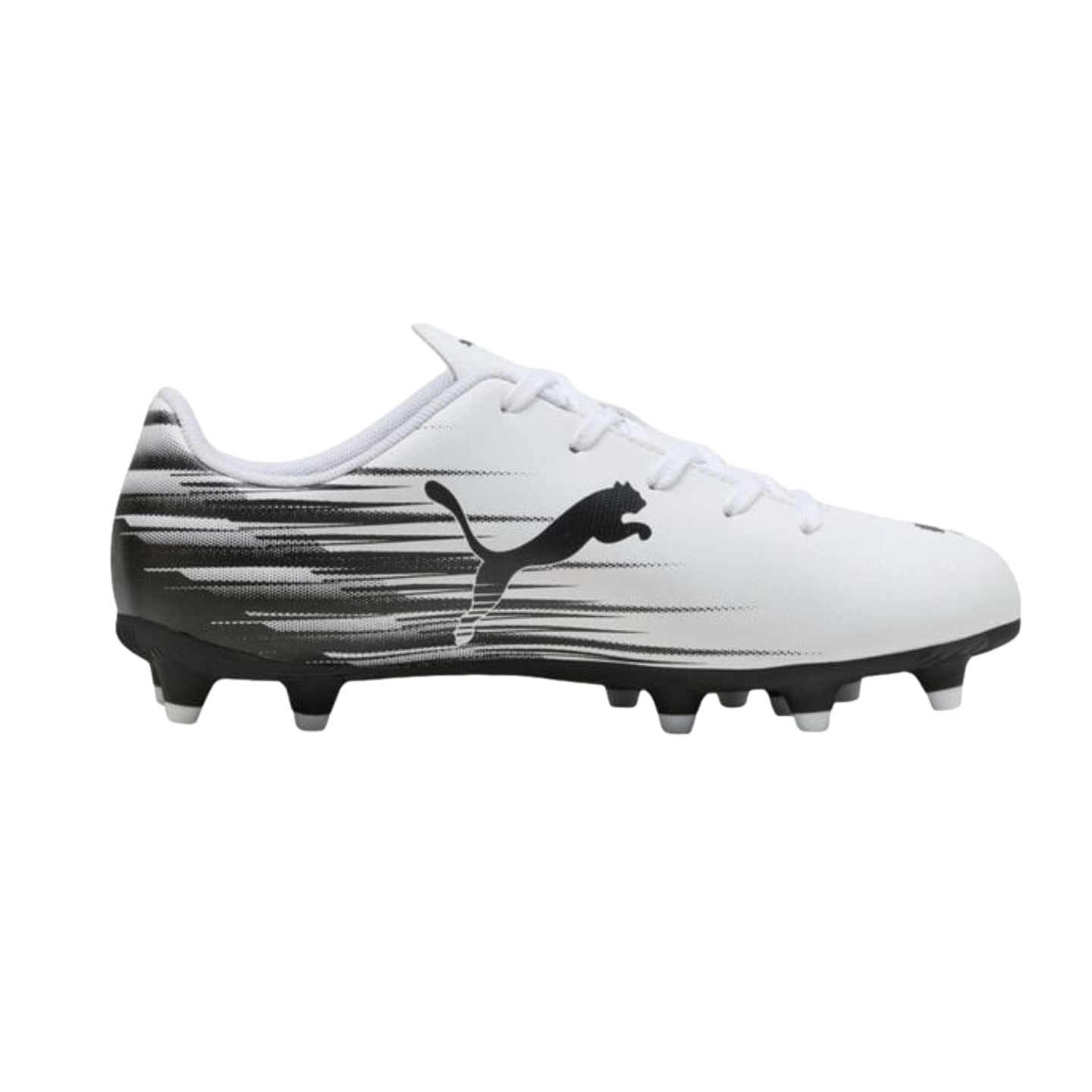 A white Puma soccer cleat with a black streaking graphic and jumping cat logo. Features a black outsole with white-tipped studs, set against a black background.