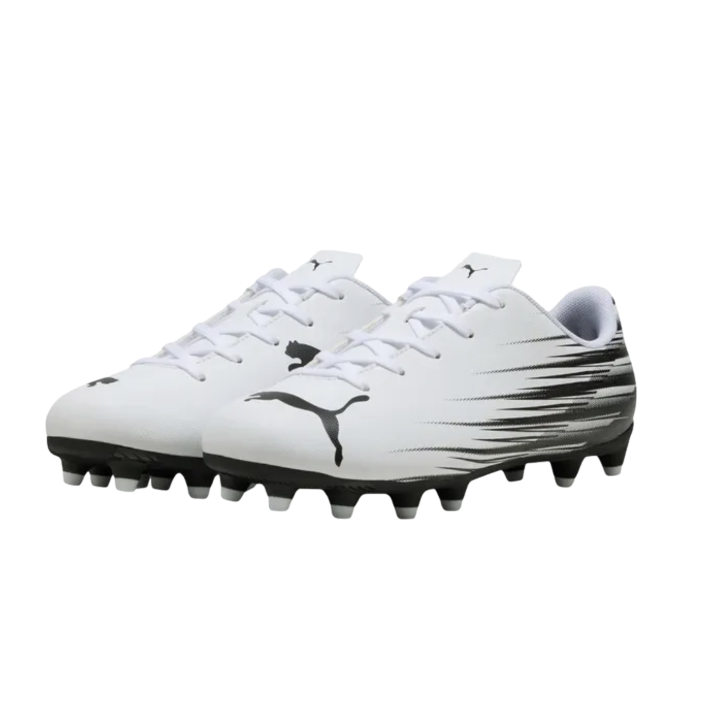 Pair of white Puma soccer cleats with black graphics and white laces, shown against a solid black background.