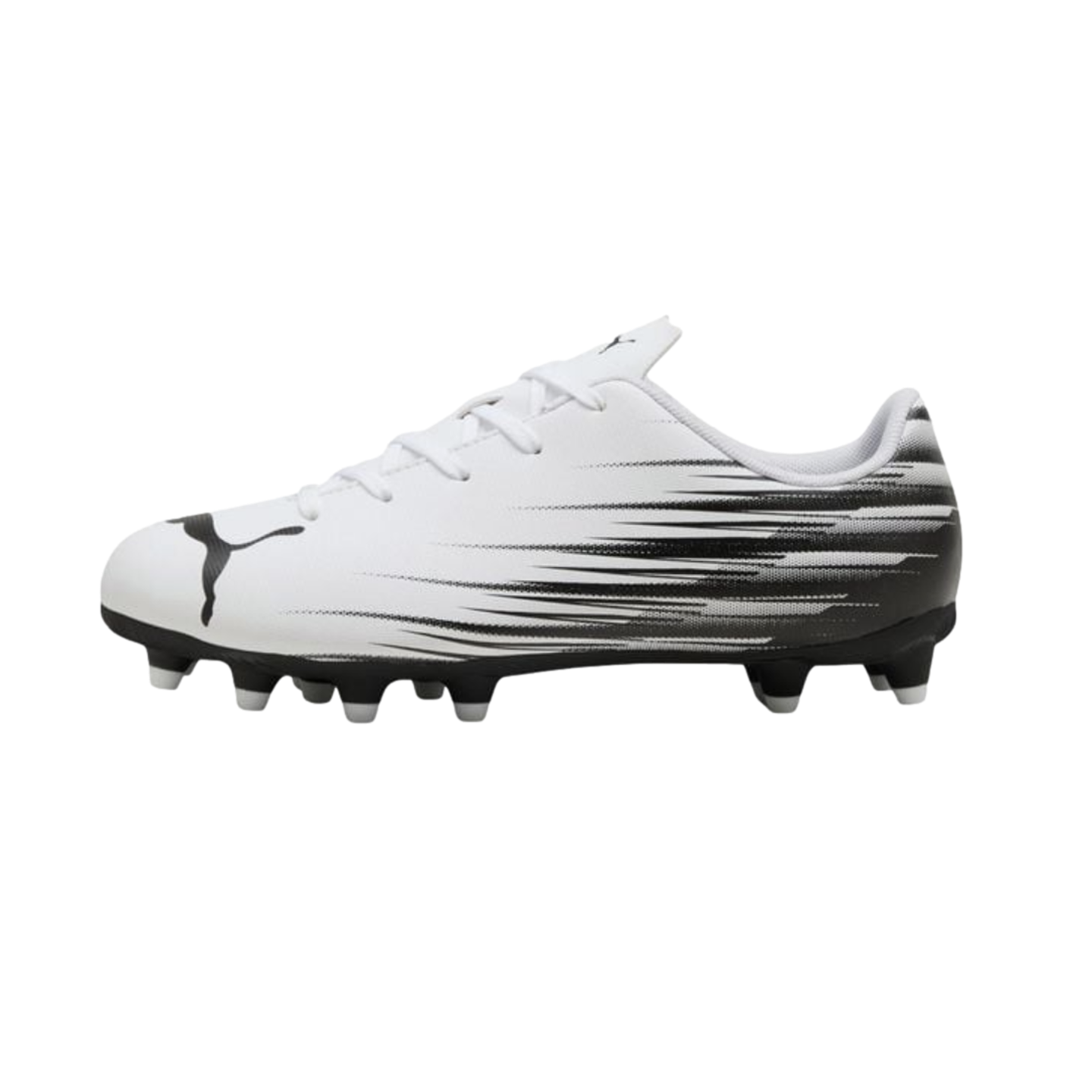 A white Puma soccer cleat with black speed-line graphics on the side and a black logo on the toe.