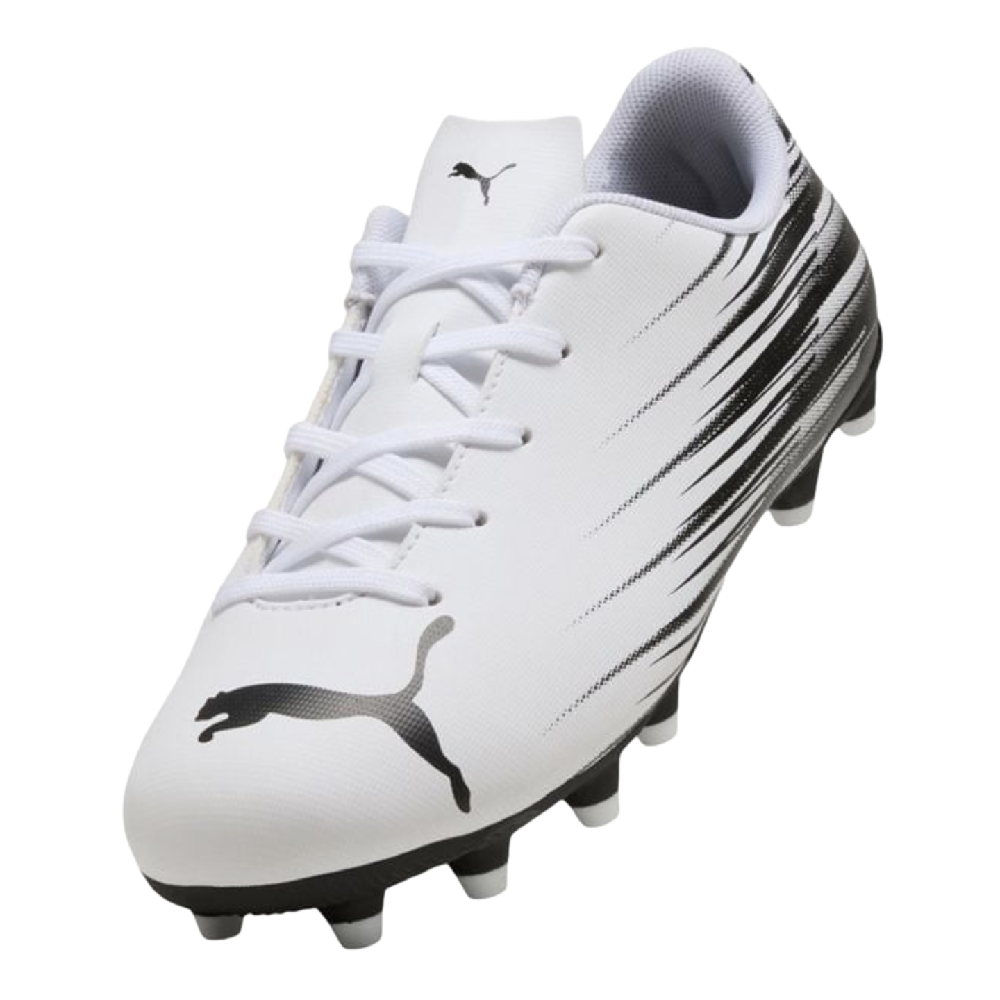 A white Puma soccer cleat with black diagonal speed lines on the side and a black cat logo on the toe. Features white laces and black and white studs.