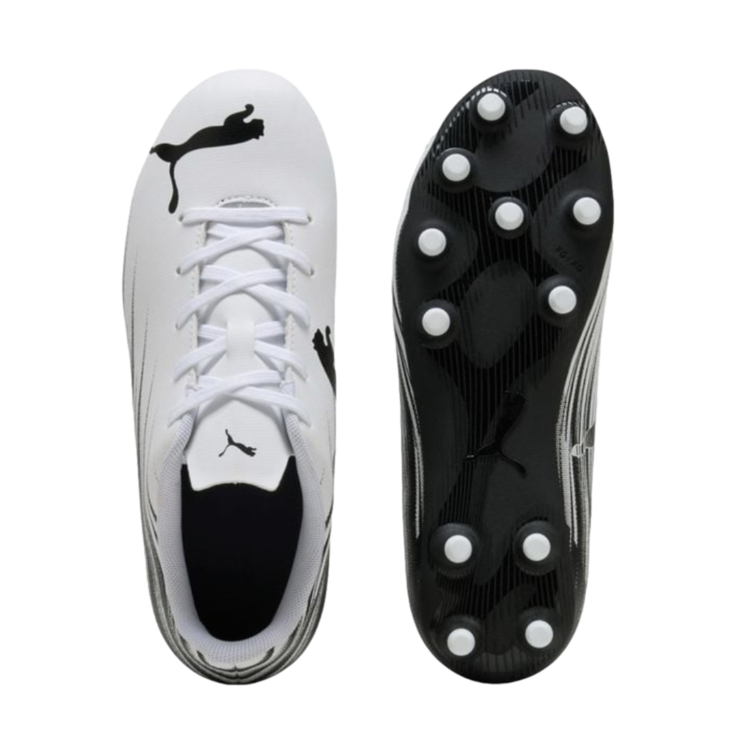 Top and bottom views of white Puma soccer cleats featuring black logos, white laces, and a black outsole with circular white studs.