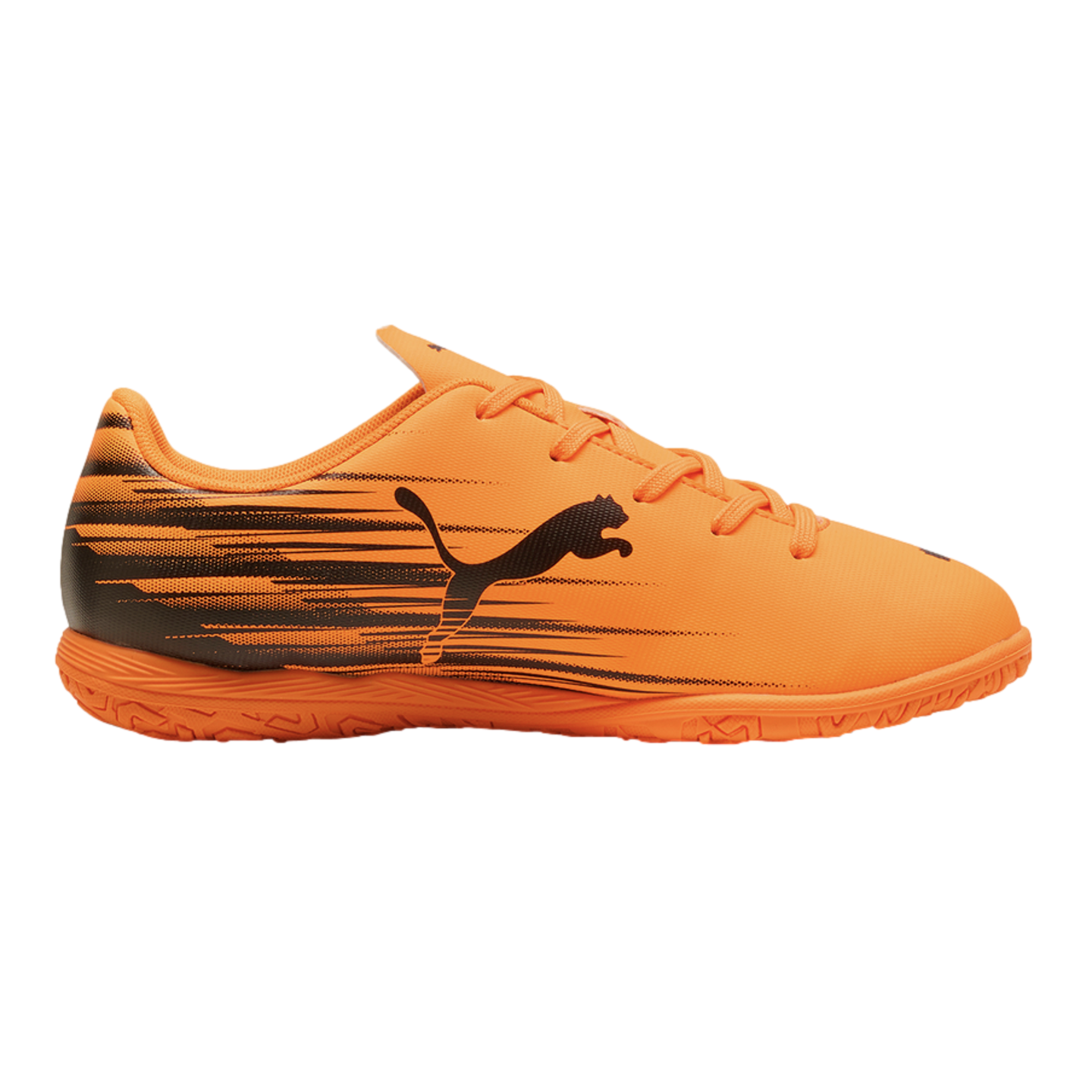 Bright orange Puma indoor soccer shoe featuring a black leaping cat logo and graphic speed lines, shown against a solid black background.